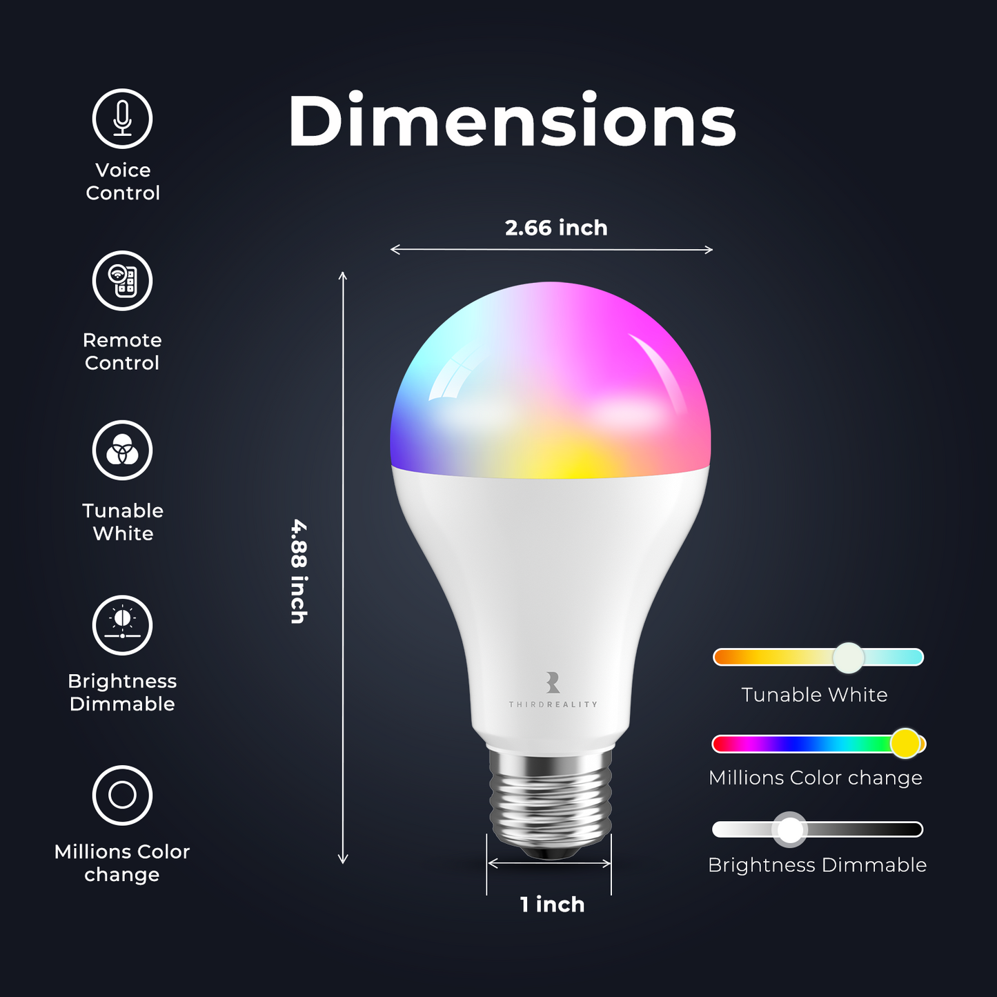 Smart Color Bulb ZL2 A21 dimensions: 2.66 inches wide and 4.88 inches tall, with smart lighting feature icons.