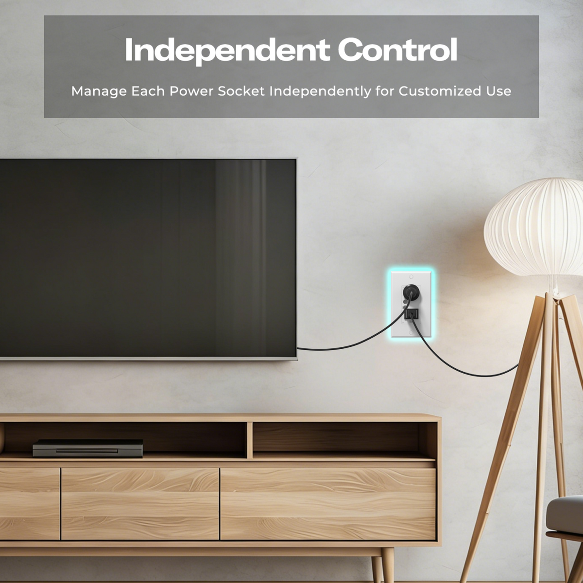 Smart Wall Outlet ZW1 independent-control illustration with a television and floor lamp connected to separate sockets.