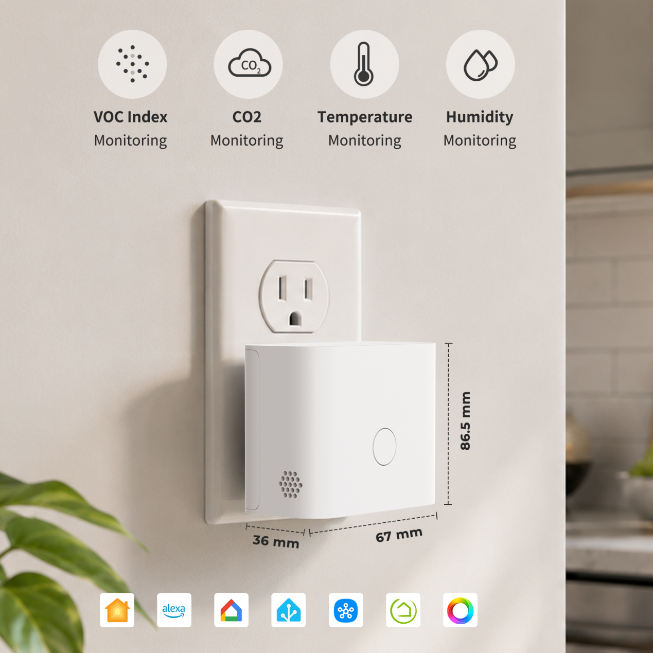 Dimensions and 4-in-1 monitoring: CO2, VOC, Temperature, Humidity