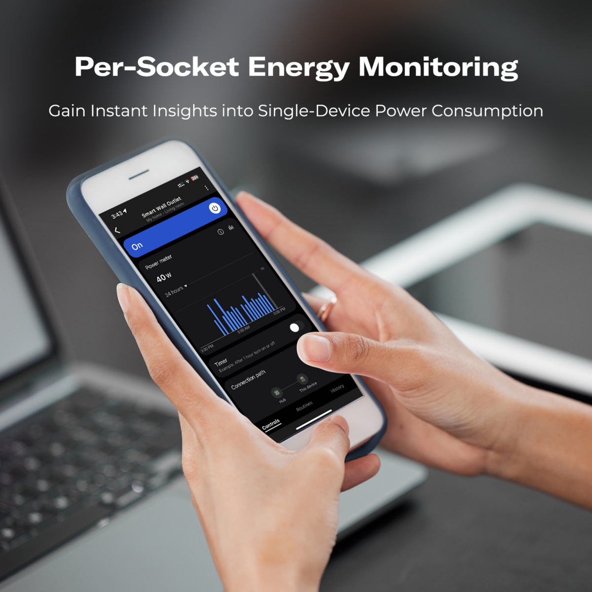 Smart Wall Outlet ZW1 per-socket energy monitoring illustration showing an example phone dashboard.