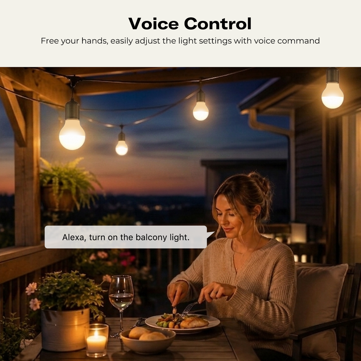 Alexa voice control illustration for Smart Color Bulb ZL2 in a balcony lighting scene.