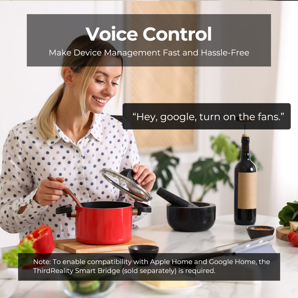 Smart Wall Outlet ZW1 Google voice-control example; Apple Home and Google Home require a separately sold THIRDREALITY Smart Bridge.