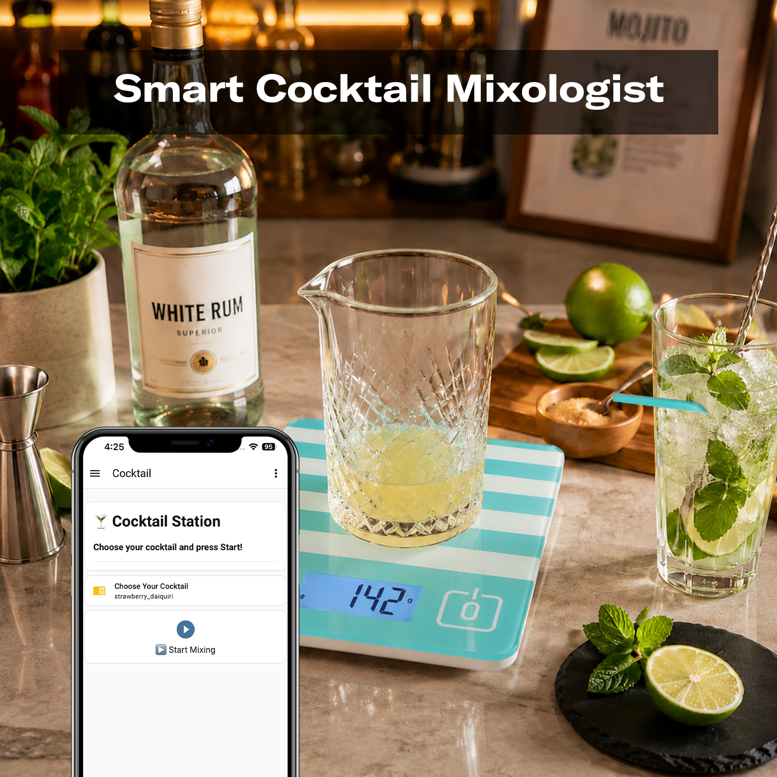 Smart cocktail mixologist with voice-guided pouring