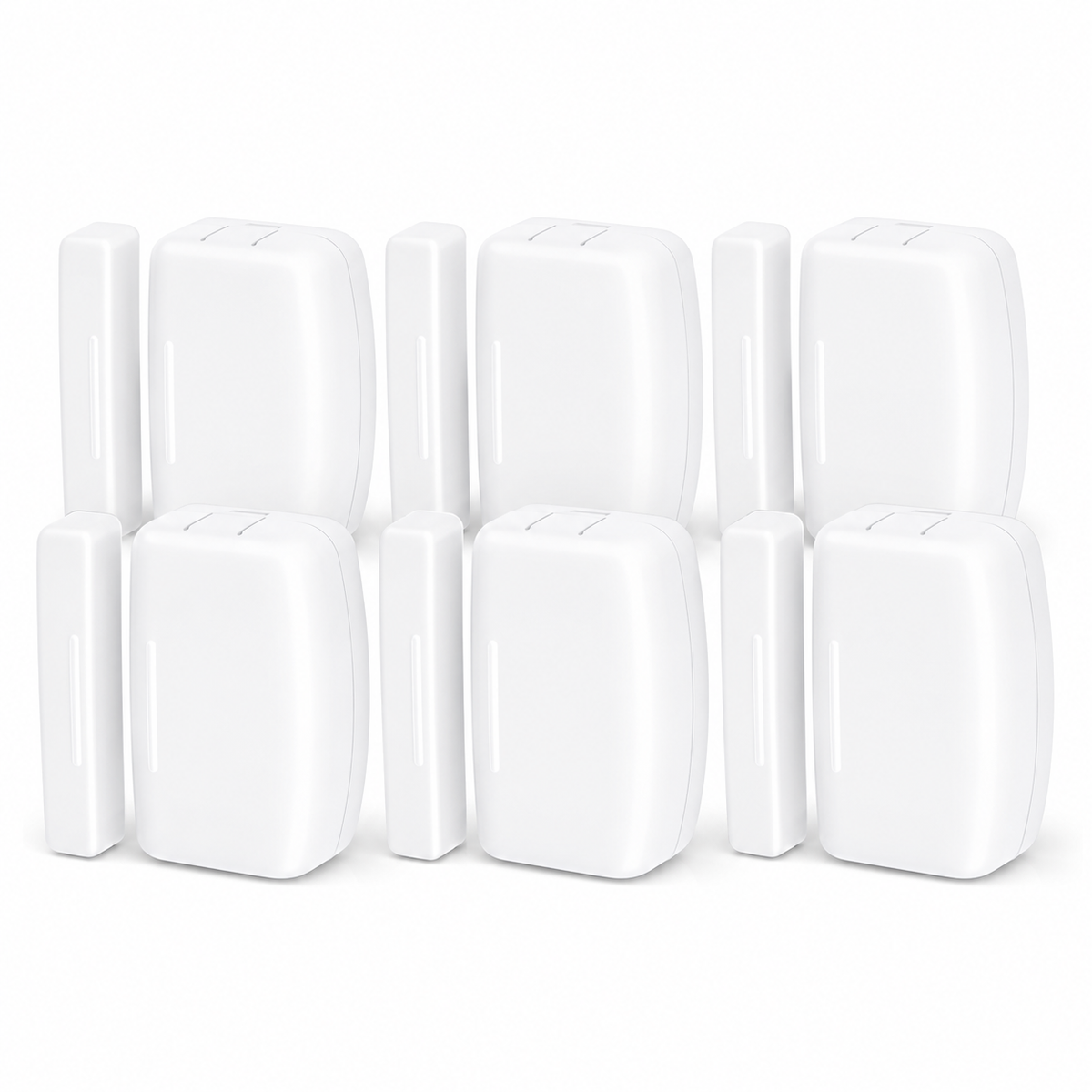 THIRDREALITY Zigbee Door and Window Sensor 6-pack, showing six sensor and magnet pairs in a compact staggered group on white.