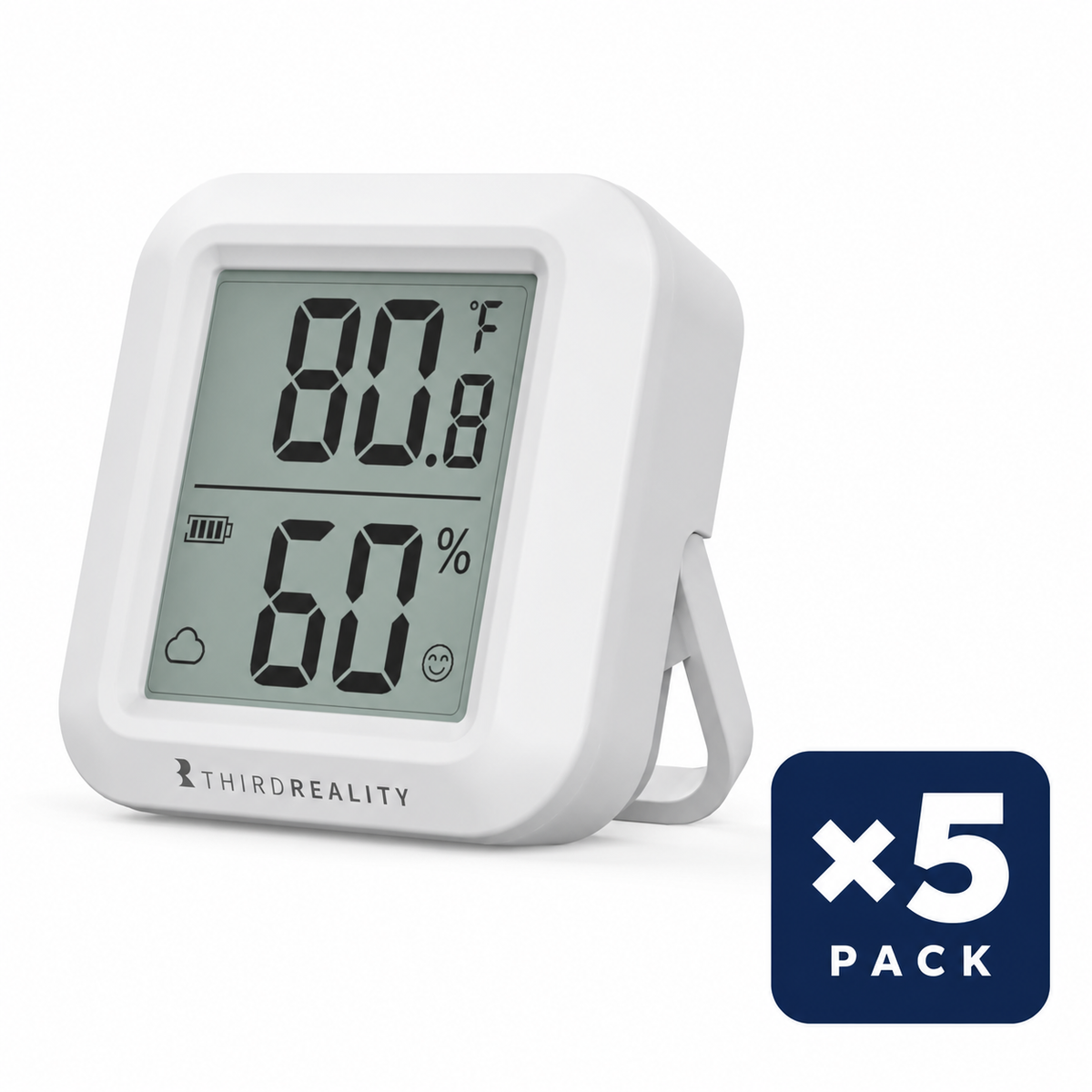 THIRDREALITY Zigbee LCD Temperature and Humidity Sensor – 5-Pack, one sensor shown with a 5-pack quantity badge.