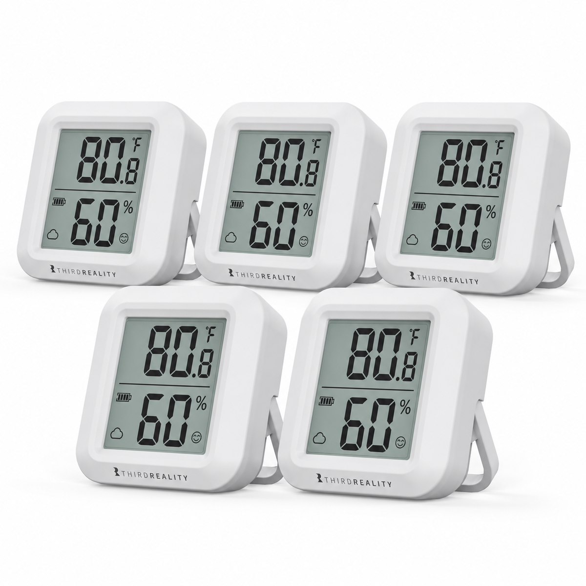 THIRDREALITY Zigbee LCD Temperature and Humidity Sensor – 5-Pack, showing 5 individual products in a compact staggered group on white.