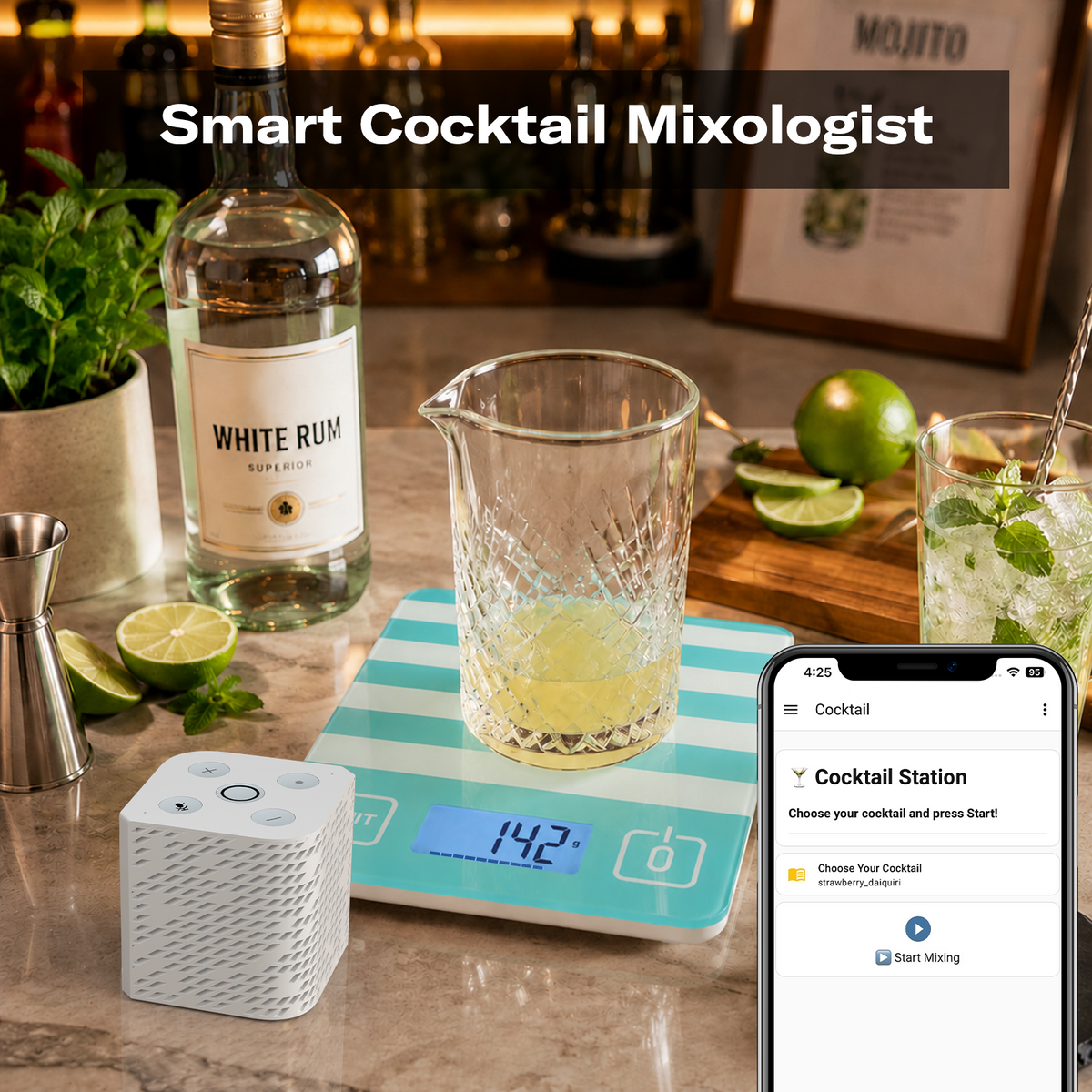 Smart cocktail mixologist with voice-guided pouring
