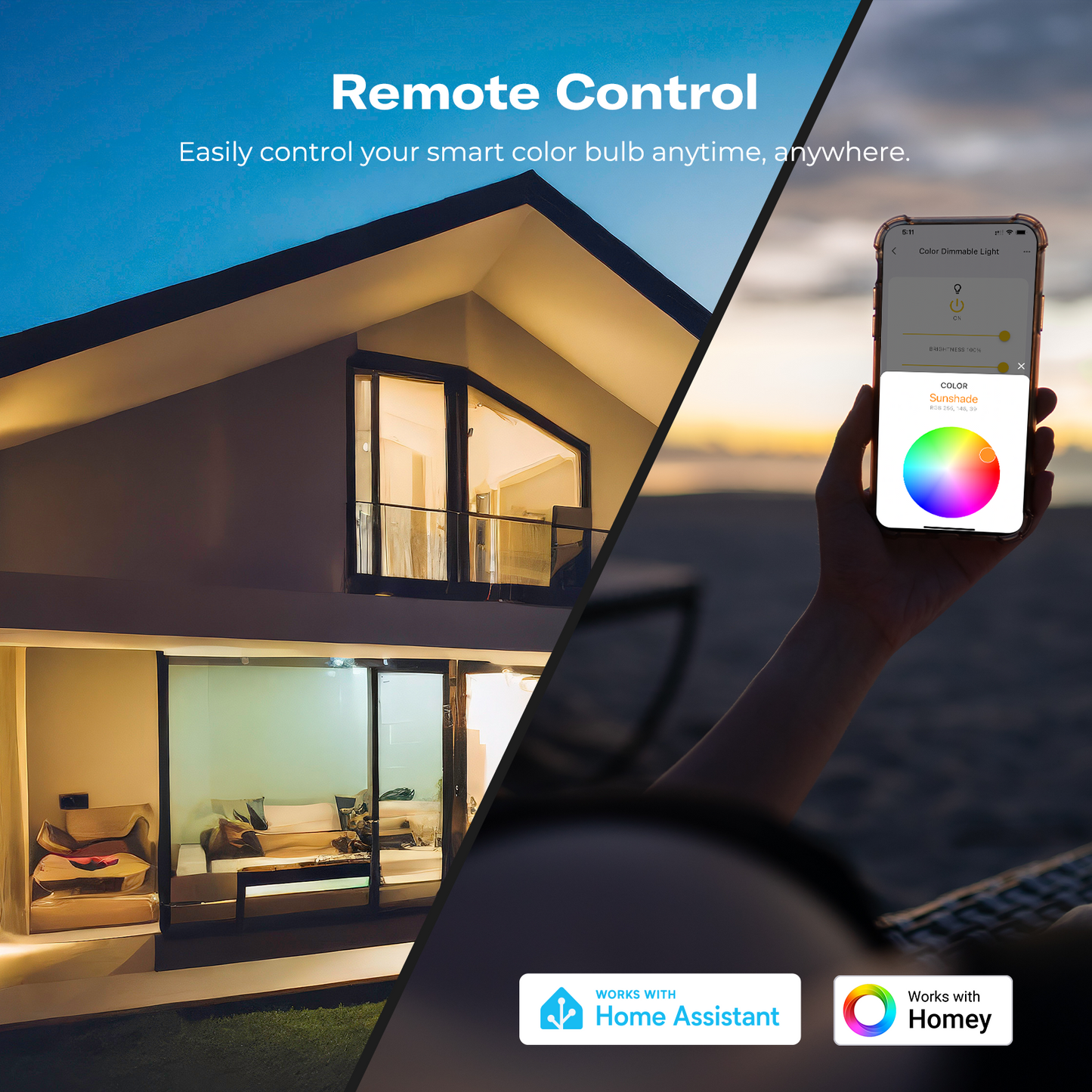 Remote color and brightness controls for Smart Color Bulb ZL2, with Home Assistant and Homey logos.